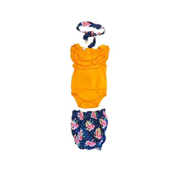 3 for $15 Bilison Baby 3 Piece Outfit Orange Blue Floral Size 100 9-12 Months - Picture 1 of 10